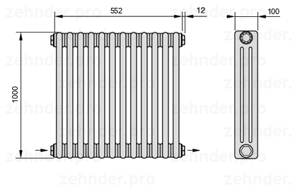 Схема (чертеж) Радиатор Zehnder Charleston 3100/12 №2670 Белый глянцевый RAL 9016